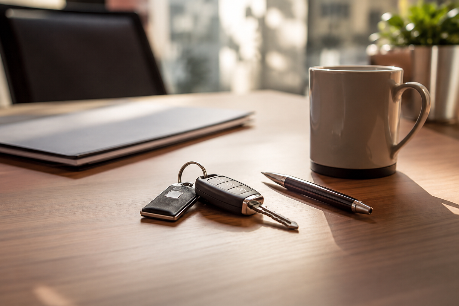 Auto insurance policy document, car keys, pen, and coffee mug on a wooden desk