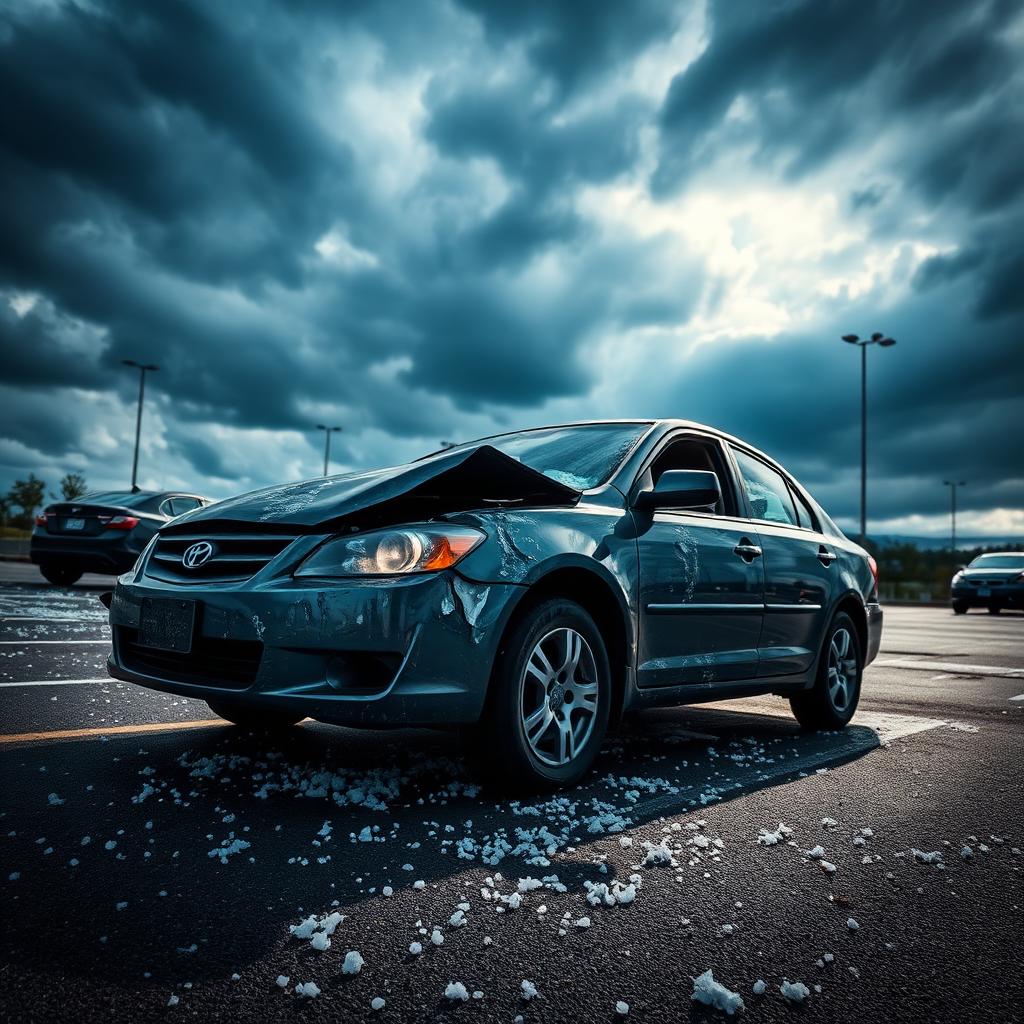 Sedan with severe hail damage and shattered windshield in a parking lot under a stormy sky with scattered hailstones — how to file a comprehensive insurance claim