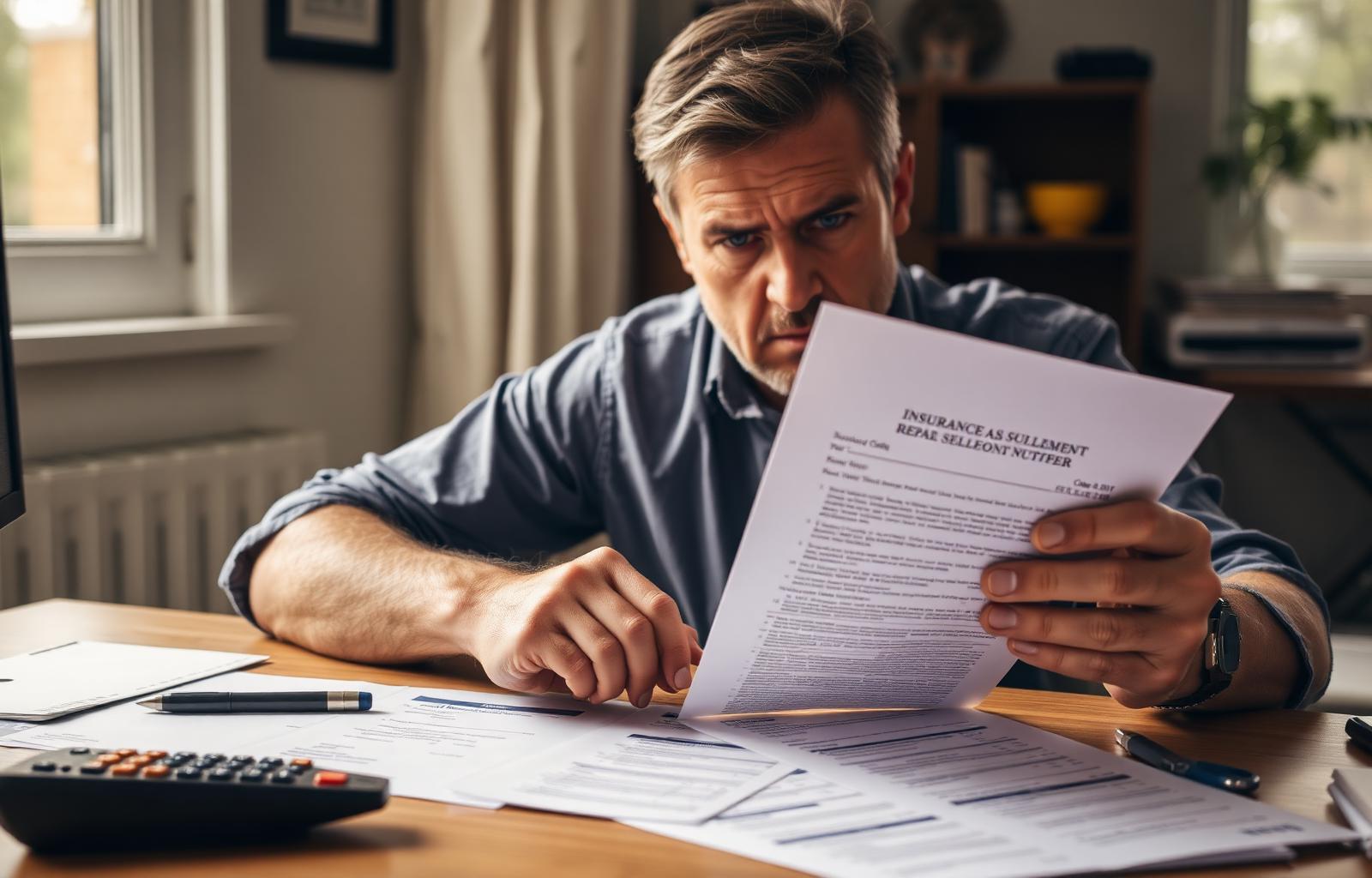Frustrated yet determined person reviewing a lowball insurance settlement offer letter at a home desk with medical bills, repair estimates and calculator spread around — how to respond to a lowball insurance settlement offer